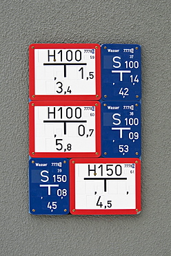 German underground hydrant indicator signs on a wall