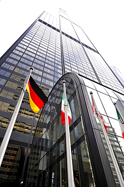 German national flag in front of the Willis Tower, formerly named Sears Tower and renamed in 2009, Chicago, Illinois, United States of America, USA