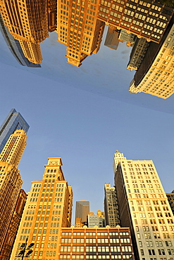 Chicago skyline being reflected on the surface of the Cloud Gate sculpture, Legacy at Millennium Park Building, Pittsfield Building, sculpture, nicknamed The Bean, created by Anish Kapoor, AT&T Plaza, Millennium Park, Chicago, Illinois, United States of A