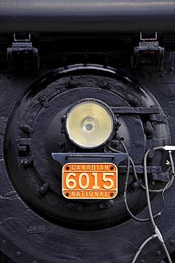 Front of the steam locomotive 6015 Mountain Type U-1-A with nameplate, Canadian Locomotive Company, 1923, Jasper station, Jasper National Park, Canadian Rockies, Rocky Mountains, Alberta, Canada