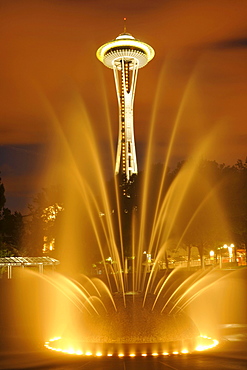 Night scene, illuminated fountains, International Fountain in front of the Space Needle, Seattle Center, Seattle, Washington, United States of America, USA