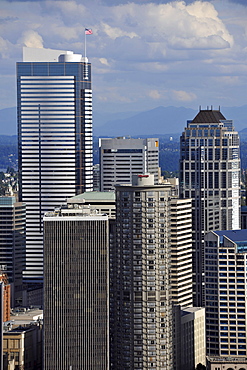 View from Space Needle to the southeast, Skyline Financial District Seattle with Two Union Square Tower, Westin Hotel, U.S. Bank Center, Washington, United States of America, USA