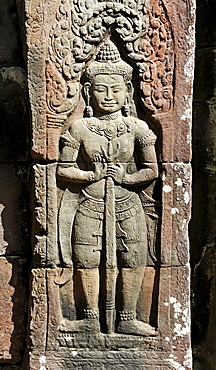 Relief, Dvarapala, guard figure, the temple complex of Banteay Kdei, Angkor, UNESCO World Heritage Site, Siem Reap, Cambodia, Southeast Asia, Asia