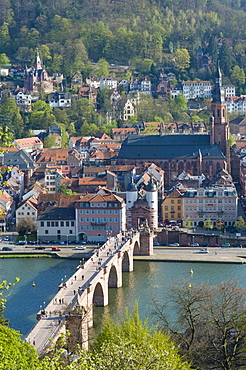 Cityscape with Old Bridge or Karl-Theodor Bridge, Bridge Gate and Holy Ghost Church, Heidelberg, Neckar, Palatinate, Baden-Wuerttemberg, Germany, Europe