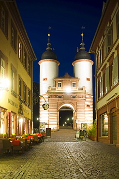 Cobblestone alley and Old Bridge Gate, Heidelberg, Neckar, Palatinate, Baden-Wuerttemberg, Germany, Europe