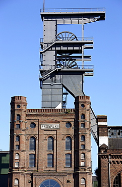 Malakowturm tower of the abandoned Zeche Prosper coal mine, today a museum, cultural center, located on the grounds of the former Zeche Prosper coke plant, Bottrop, North Rhine-Westphalia, Germany, Europe