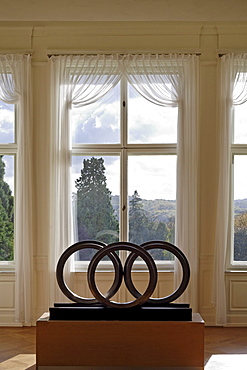 Krupp symbol, three rings, exhibition in the smaller house of the Villa Huegel mansion, Baldeney district, Essen, North Rhine-Westphalia, Germany, Europe