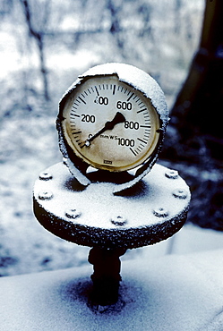 Snow-covered pressure gauge, Huettenwerk Meiderich steel mill after closure, today Duisburg-Nord Landscape Park, North Rhine-Westphalia, Germany, Europe