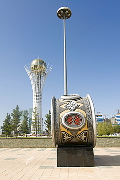 Flower beds at the Bayterek Tower, landmark of Astana, Kazakhstan, Central Asia