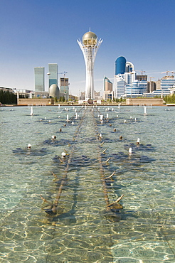 Fountains at Bayterek Tower, landmark of Astana, Kazakhstan, Central Asia