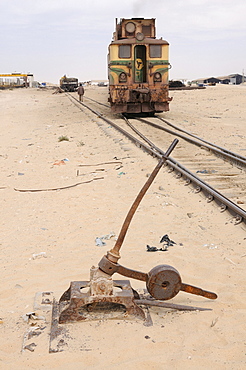 Track switch in front of the iron ore train of Zouerat, the longest and heaviest train in the world, Nouadhibou, Mauritania, northwestern Africa