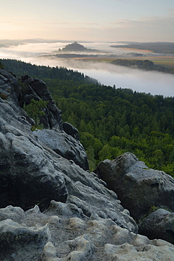 View of the Elbe valley from the Schrammsteine rock formations, Saechsische Schweiz, Saxon Switzerland, Elbe Sandstone Mountains, Saxony, Germany, Europe