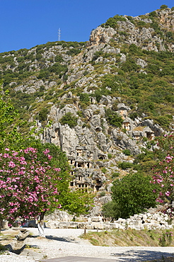 Lycian rock tombs and theater masks in Myra, Lycia, southern coast of Turkey, Turkey, Western Asia