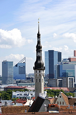 Historic town centre, view from Castle Hill, City Hall Tower, skyline of the financial district, Tallinn, formerly Reval, Estonia, Baltic States, Northern Europe