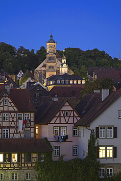 Old town with St. Michael Kirche church at night, Schwaebisch Hall, Hohenlohe, Baden-Wuerttemberg, Germany, Europe