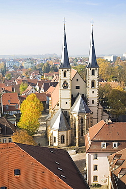 View from the Blauer Turm tower on the old town and the Protestant Church in Bad Wimpfen, Bad-Wuerttemberg, Germany, Europe