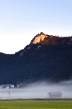 Falkenstein mountain with Falkenstein Castle, Pfronten, view from Vilstal valley in Austria, Ostallgaeu district, Allgaeu region, Swabia region, Bavaria, Germany, Europe