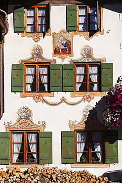 Facade with mural paintings called Lueftlmalerei on Loisachstrasse street, Garmisch district, Garmisch-Partenkirchen, Werdenfelser Land region, Upper Bavaria, Bavaria, Germany, Europe