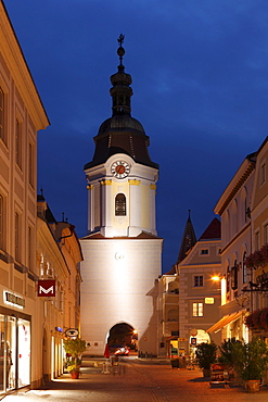 Obere Landstrasse street with Steiner Tore gate tower, old town, Krems, Wachau, Waldviertel region, Lower Austria, Austria, Europe