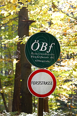 No unauthorised entry sign and a sign of the Oesterreichische Bundesforste AG, Austrian Federal Forest Association, in a forest, Wachau, Waldviertel, Forest Quarter, Lower Austria, Austria, Europe