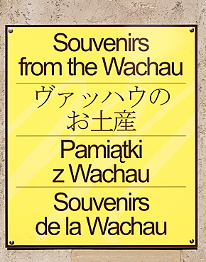 Four-language sign, Souvenirs from the Wachau, Duernstein, Wachau, Waldviertel, Lower Austria, Austria, Europe