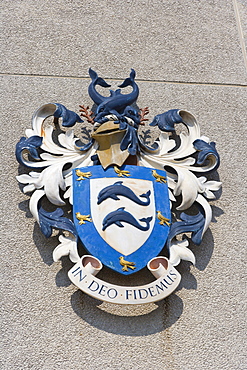 Brighton coat of arms on the Brighton Centre, King's Road, Brighton, East Sussex, England, United Kingdom, Europe