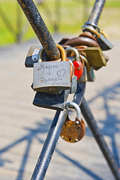 Padlocks on the bridge, wedding tradition, Festival Park, Rezekne, Latgale, Latvia, Northern Europe