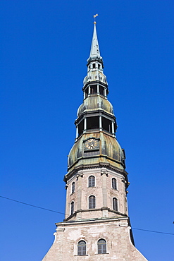 The spire of St Peter's Church, Peterbaznica, old town, Vecriga, Riga, Latvia, Northern Europe