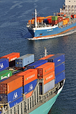 Encounter between two container ships on Kiel Canal, Kiel, Schleswig-Holstein, Germany, Europe