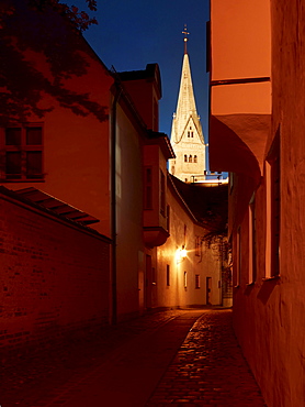 View of an alley in the historic district, one of the church steeples of Augsburg Cathedral at the back, Augsburg, Swabia region, Bavaria, Germany, Europe