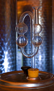 Fermentation tube on sealed steel barrels for fermentation of alcoholic beverages, Germany, Europe