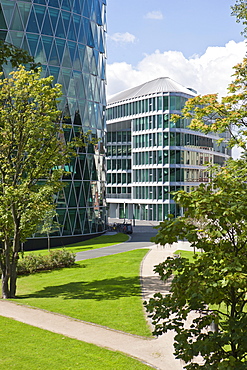 Office building to the Westhafen Tower of the OFB, designed by the architects Schneider + Schumacher and OFB project development GmbH, won the German Urban Development Prize in 2004, Westhafenplatz square, Frankfurt am Main, Hesse, Germany, Europe