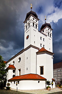 Hofkirche church with thunderstorm, Schlossplatz, Guenzburg, Donauried, Swabia, Bavaria, Germany, Europe