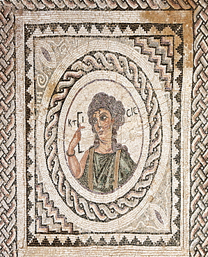 Roman Ktisis Mosaic in the House of Eustolios, archaeological excavation site of ancient Kourion, Akrotiri peninsula, near Episkopi, southern Cyprus, Cyprus