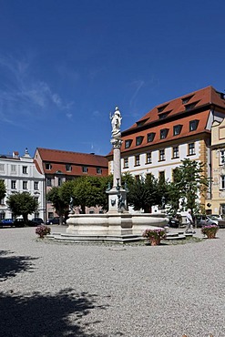 Karlsplatz square with Marienbrunnen fountain, Neuburg an der Donau, Bavaria, Germany, Europe