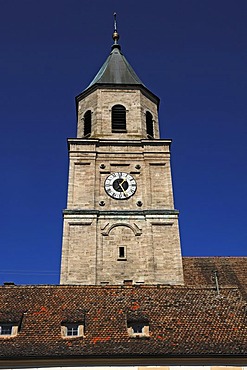 Tower of the Parish Church of St. Salvator and the Holy Cross, 1761-1766 restoration in the Rococo style, Kirchplatz 5, Polling, Upper Bavaria, Germany, Europe