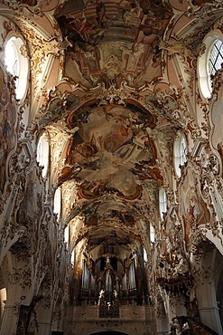 Nave with ceiling frescoes by Matthaeus Guenther, Parish Church of the Nativity of the Virgin, Rococo style 1737-1746, Rottenbuch Abbey, Rottenbuch, Upper Bavaria, Germany, Europe