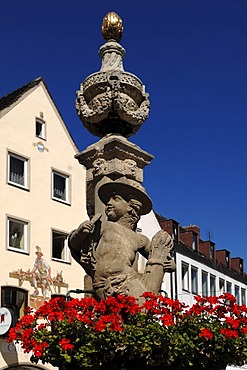 Cherub with a bunch of corn on a fountain, Marienplatz square, Weilheim, Upper Bavaria, Germany, Europe