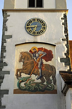 Fresco of St. George, tower of the Sankt Georgs Kirche church, Wasserburg am Bodensee, Bavaria, Germany, Europe