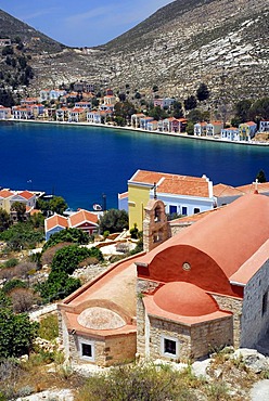 St. Nicholas church above the bay, town Megisti on Kastelorizo island, Meis, Dodecanese Islands, Aegean, Mediterranean, Greece, Europe