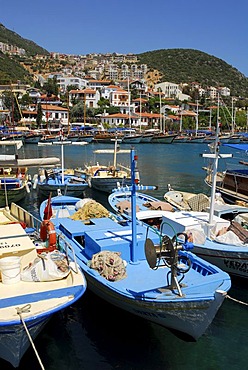 Fishing boats in the port of Kas, Lycian coast, Antalya Province, Mediterranean, Turkey, Eurasia