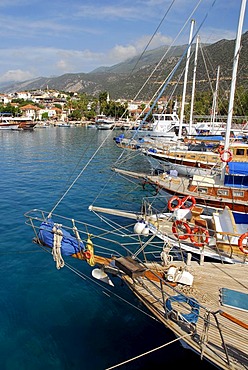 Sailing ships, boats in the port of Kas, Lycian coast, Antalya Province, Mediterranean, Turkey, Eurasia