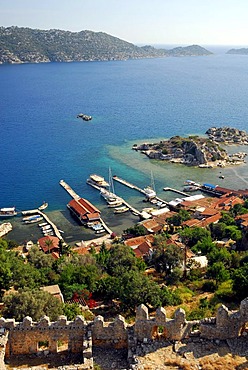 Medieval castle at the village of Kale, Kalekoey or Simena, overlooking Kekova bay, Lycian coast, Antalya Province, Mediterranean, Turkey, Eurasia