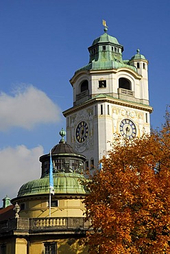 Art Nouveau tower, Muellersches Volksbad public swimming pool, autumn in Haidhausen, Munich, Upper Bavaria, Germany, Europe