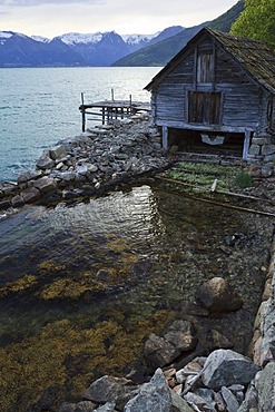 Fisherman's hut on Sognefjord fjord, Norway, Scandinavia, Europe