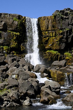 ?ingvellir National Park, Pingvellir with Oexararfoss waterfall, Iceland, Europe