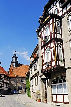 Half-timbered house and Antonius Chapel in the historic town center of the city of Muehlhausen, Unstrut-Hainich-Kreis district, Thuringia, Germany, Europe