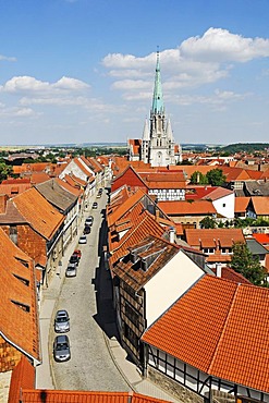 Historic town centre ensemble with St. Mary's Church at the rear, city of Muehlhausen, Unstrut-Hainich-Kreis district, Thuringia, Germany, Europe