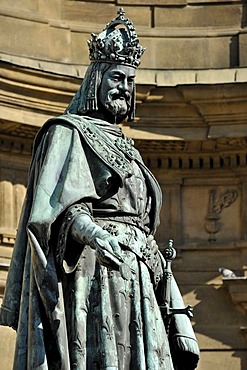 Bronze statue, monument of Emperor Charles IV on the Old Town bridge tower, Charles Bridge, Prague, Bohemia, Czech Republic, Europe