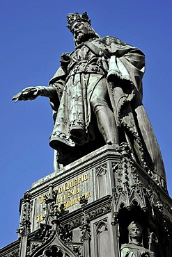 Bronze statue, monument of Emperor Charles IV on the Old Town bridge tower, Charles Bridge, Prague, Bohemia, Czech Republic, Europe